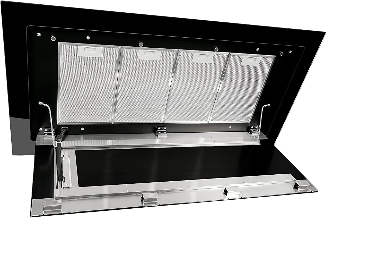 Gurari 341 BL 120, Campana de techo 120 cm 1000 m³/h de cristal negro, ventilador de techo, rejilla de escape