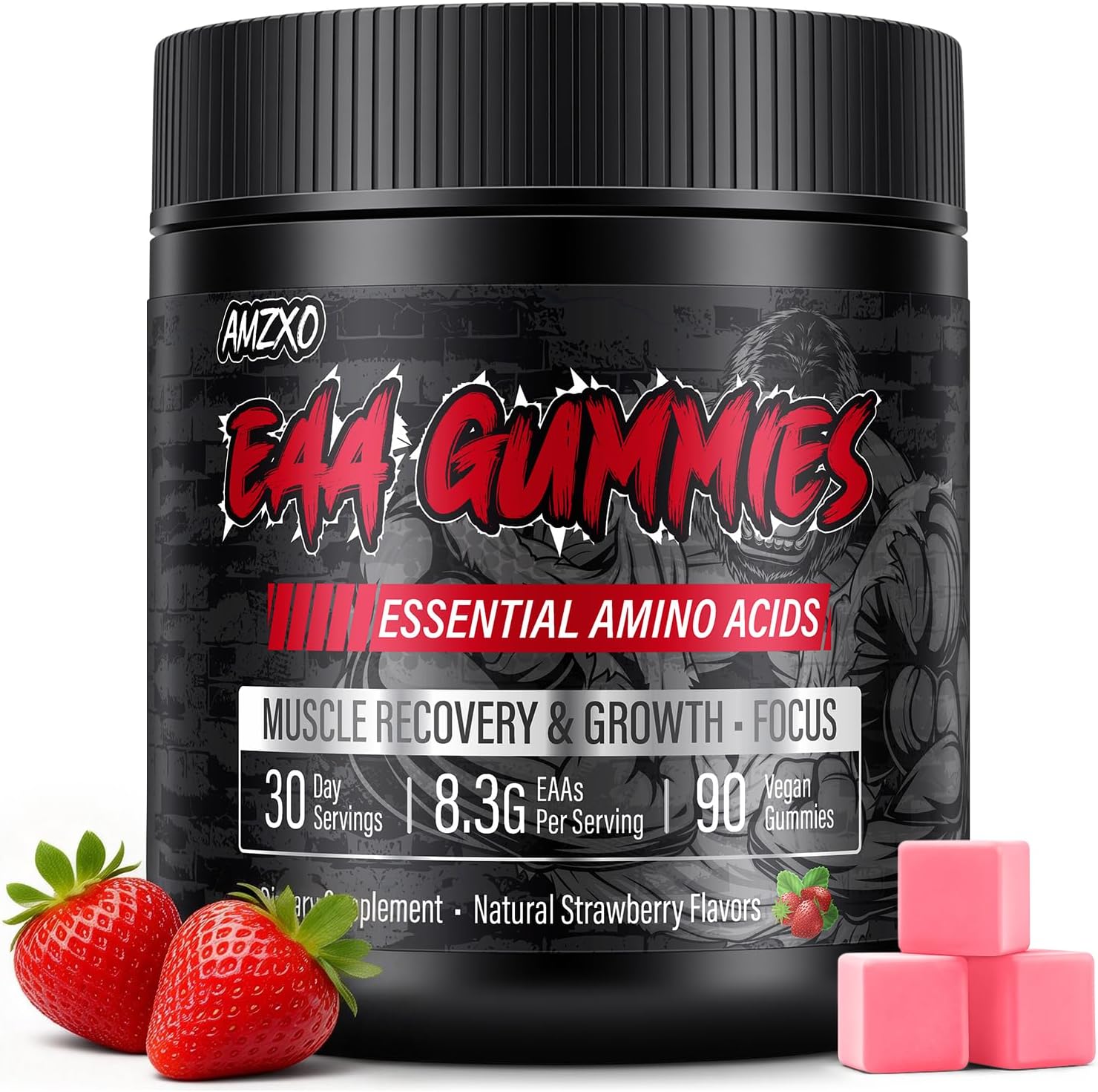 EAA Gummies - 2:1:1 BCAA Formula (8300mg) - Essential Amino Acids for Muscle Recovery & Endurance - Non-GMO, Gluten Free, Sugar Free, Vegetarian, Strawberry Flavor - 90 Count