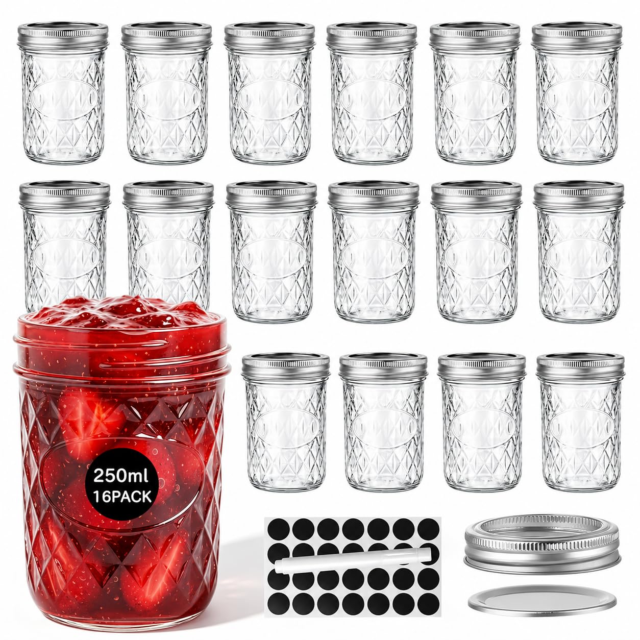 OAMCEG 16 Pack 250ml Mason Jars with Lids - Airtight Regular Mouth Glass Jars with Silver Metal Lid, Includes Round Sticker Labels and Marker Pen for Pickling, Jam, Honey, Food Storage