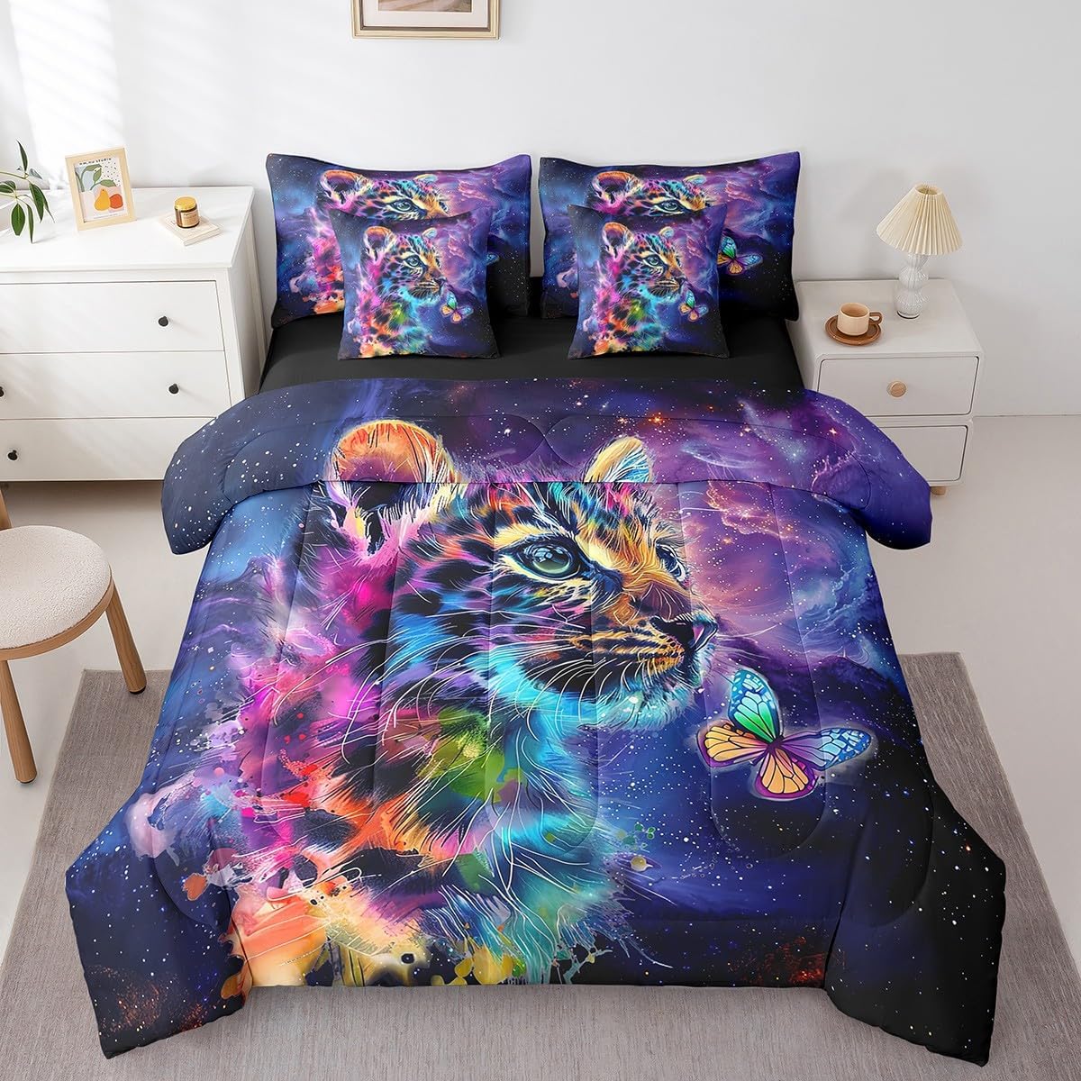 Leopard Cheetah Print King Comforter Set 7-Piece Woodland Wildlife Bedding Comforter Sets Cartoon Animal Bed in a Bag Kids Children Mystic Galaxy Nebula Bedding Set Rainbow Butterfly Bed Sheets Set