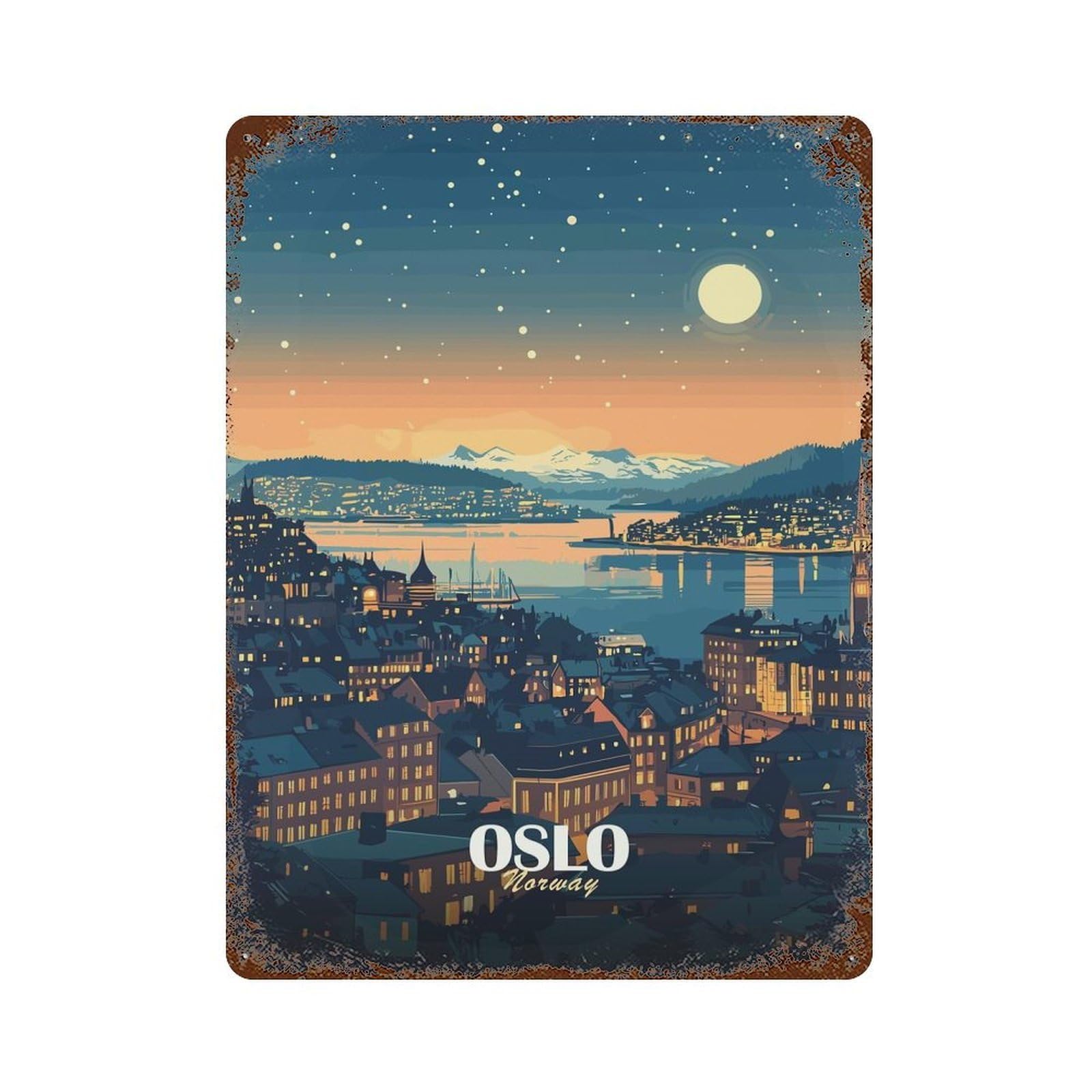 Oslo, Norway Cityscape at Night 15.7"x11.8" Decorative Tin Sign, Classic Wall Plaque for Cafe, Home Bar And Lounge Decor