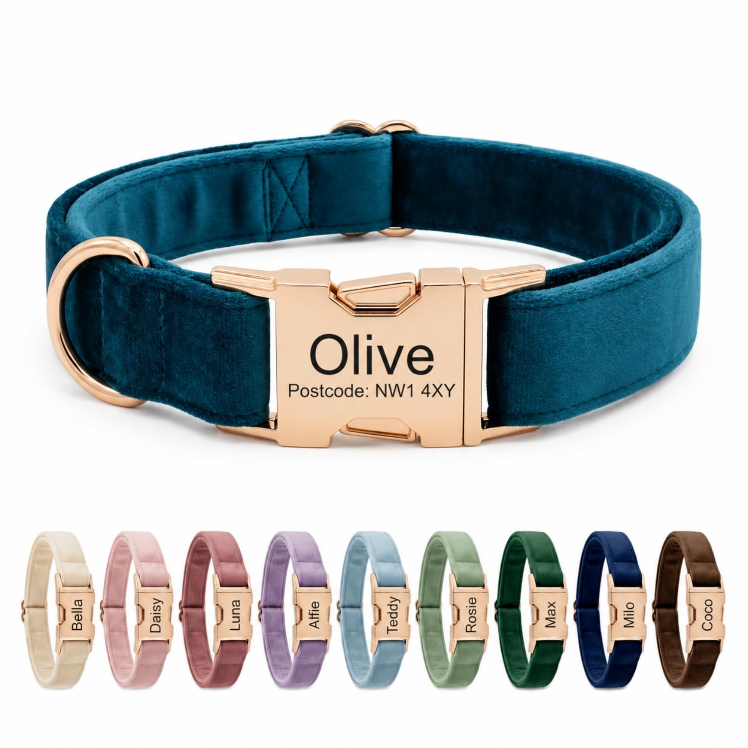 Personalised Velvet Dog Collar UK – Engraved Gold Buckle, Luxury Padded Soft Collar for Small Medium Large Dogs | Custom Name ID Tag, 18 Colours Available | Peacock Blue