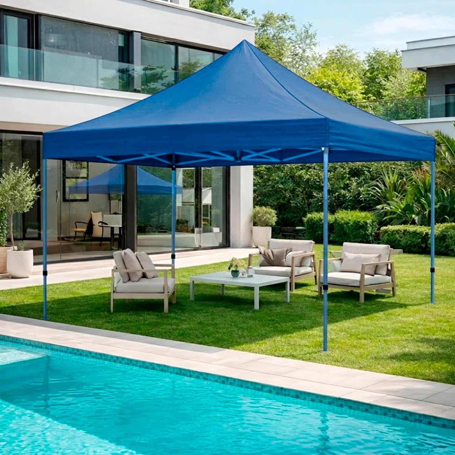 Gazebo Professionale 3x3 M Richiudibile Automatico In Acciaio Con Telo Oxford 1200D PVC Impermeabile e Anti UV Struttura a Fisarmonica con Sacche Zavorra e Borsa Trasporto Sagre Feste Eventi (Blu)