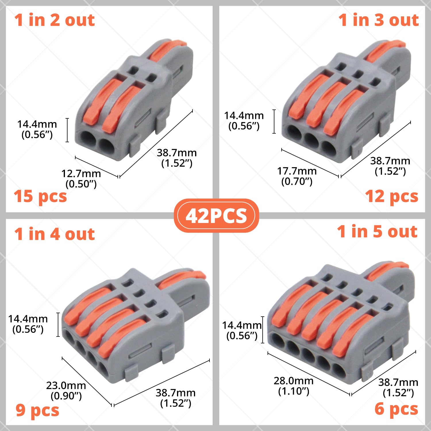 1 in 2,3,4,5 Out Wire Connecters kit 42 Pcs Compact Lever Splicing Wire Connectors, 28-12 AWG Compact Inline Terminal