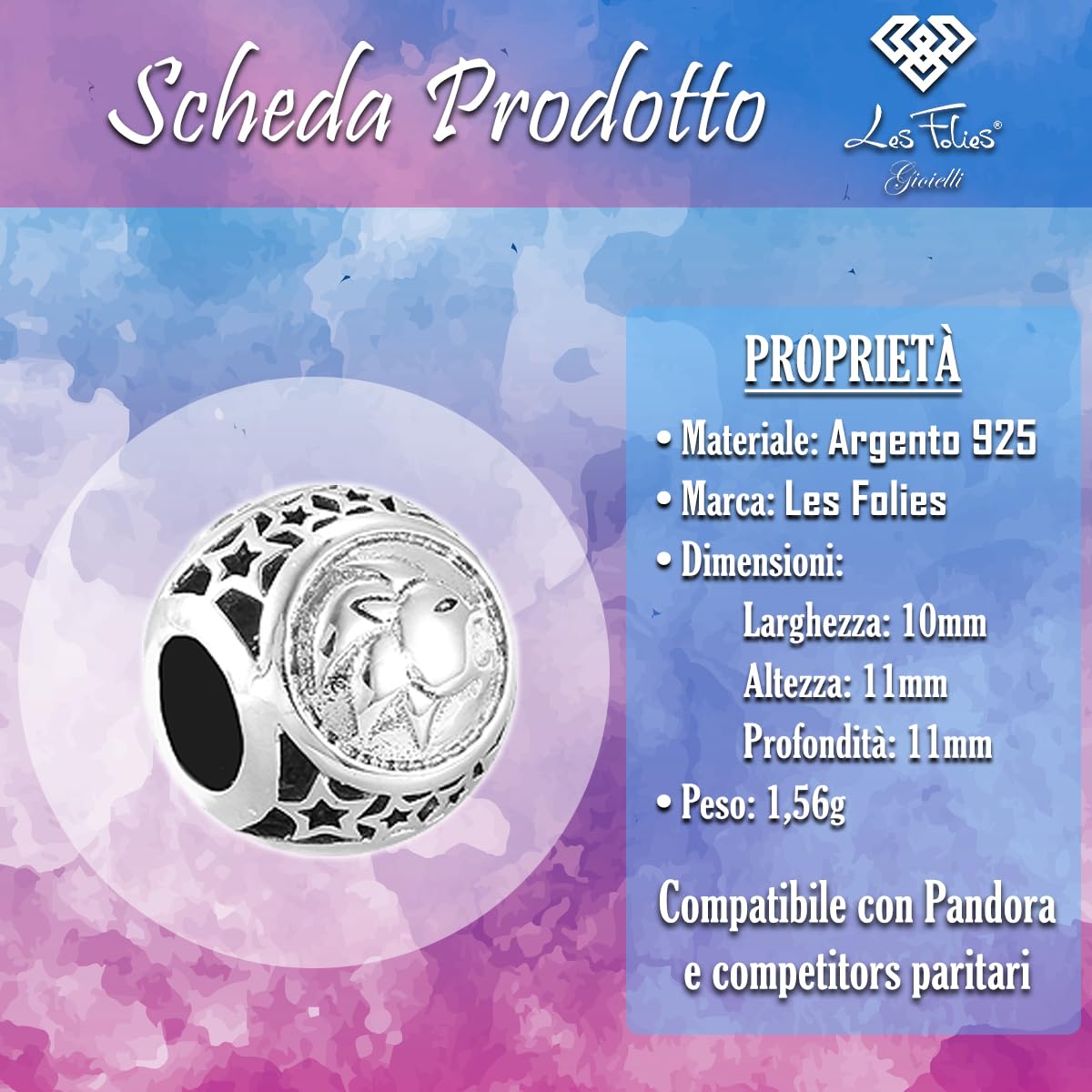 Sternzeichen Löwe Horoskop Charm 925 Silber - Les Folies für Pandora, Sterling-Silber, Zirkonia