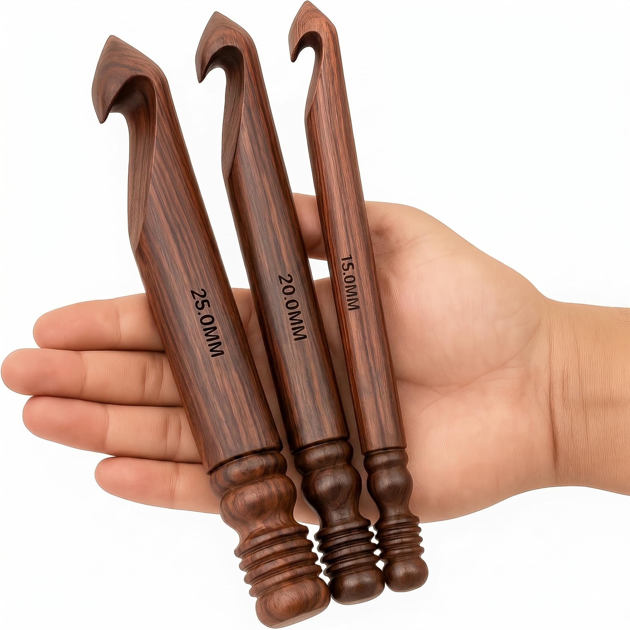 Prime Art Set di 3 uncinetti in legno di palissandro fatti a mano (15 mm, 20 mm, 25 mm) o singoli, ganci Jumbo con finitura naturale per filati grossi (palissandro, 20 mm)