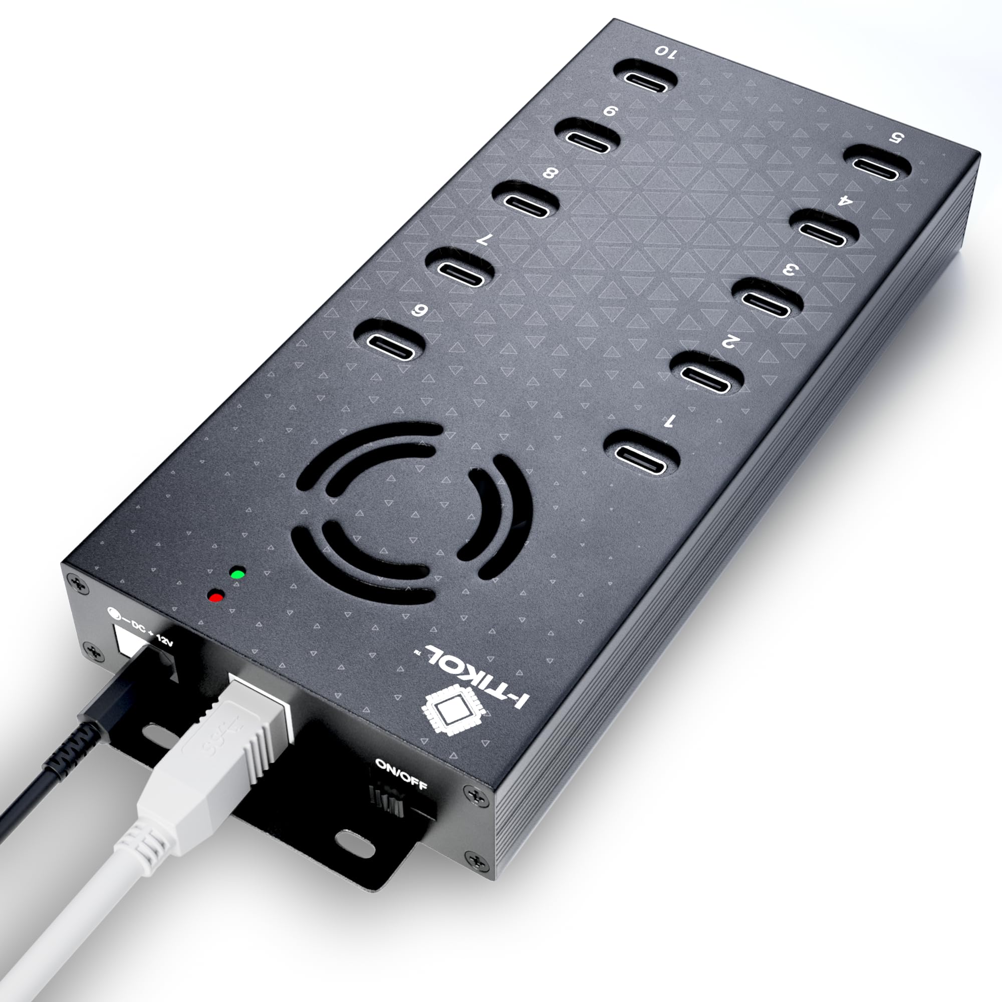 Koncentrator USB 2.0 typu C Multi Safety 10 portów zasilany, z adapterem AC, aluminiowy rozdzielacz USB z wentylatorem chłodzącym - typ C do laptopów i PC, dysków flash, HDD, dysków twardych, myszy, XPS, Xbox, klawiatury
