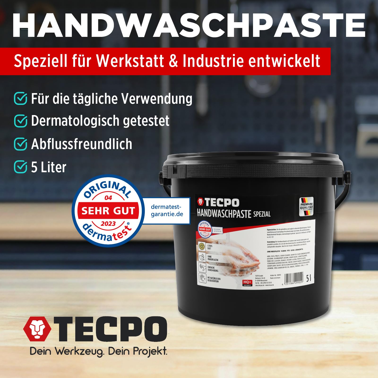 TECPO Handwaschpaste HQ+ 5 Liter Handreiniger Hautpflege Reinigungspaste hautschonend Reinigung Seife gegen starke hartnäckige Verschmutzungen wie Öl, Fett, Kfz und Werkstatt