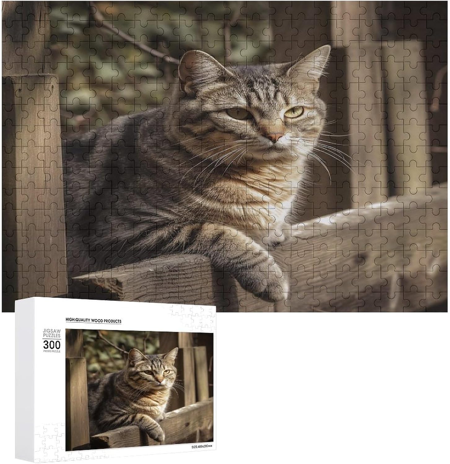 Wooden Puzzle for Adults, Suitable for Home Use, Cat on Wooden Fence Printed, Perfect Match