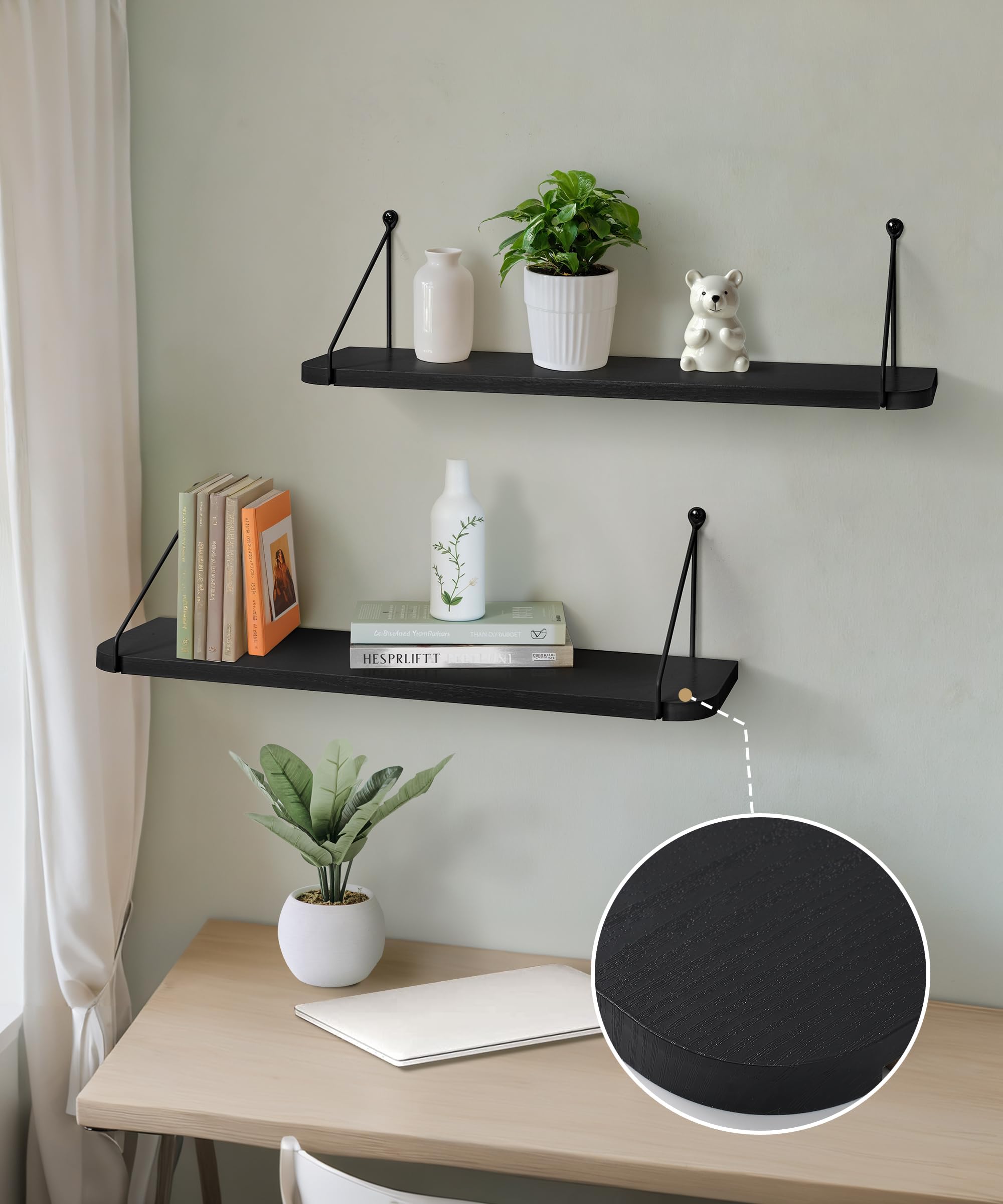 Afuly Estantería de Pared Larga, Baldas de Madera Negra con Soporte Metal | 60cm Repisas de Pared Juego de 2, Balda, Almacenaje, Decoración, Balda Flotante para Fotos, Plantas, para Salón, Dormitorio