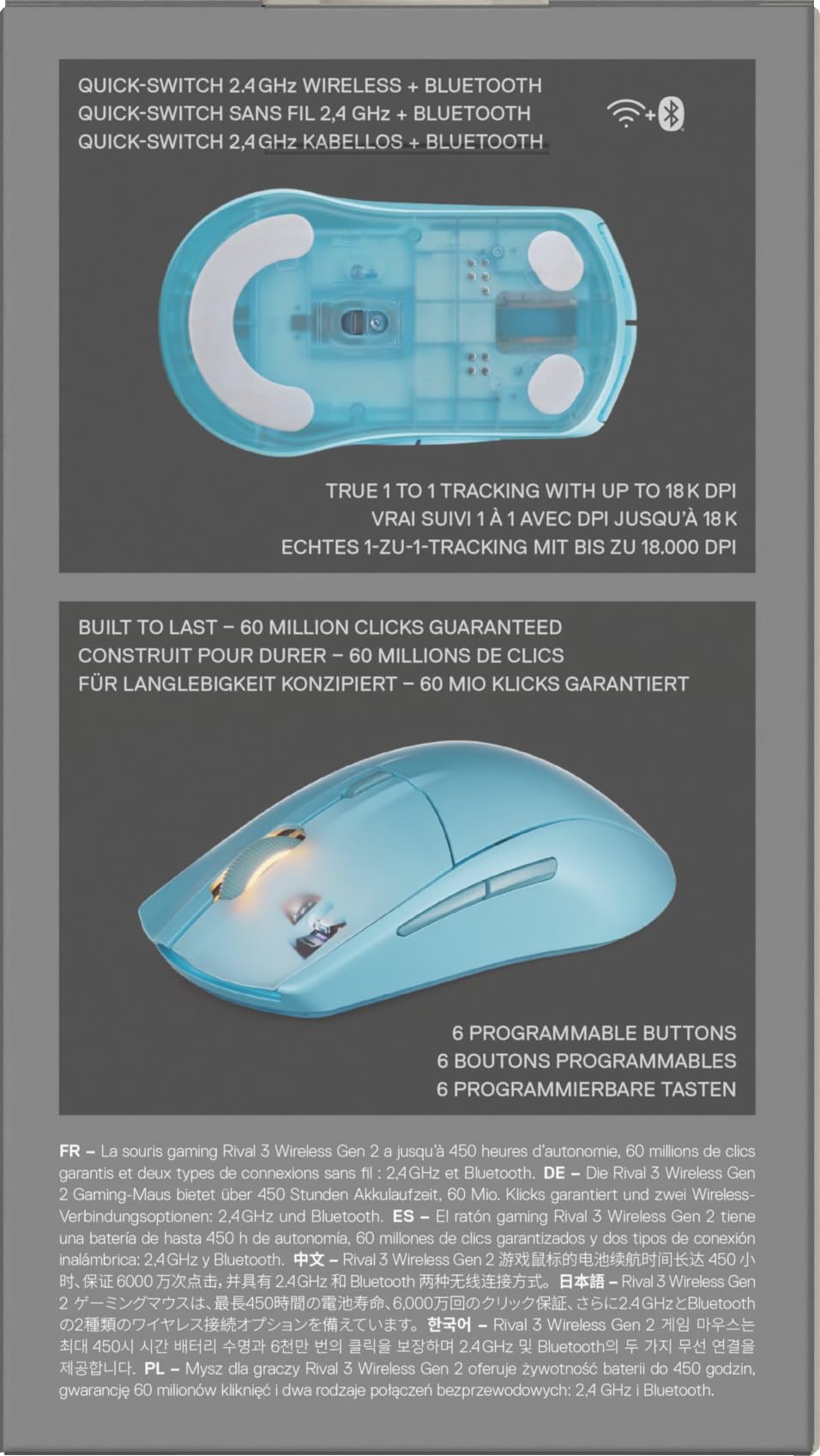 SteelSeries mysz do gier Rival 3 Wireless Gen 2 – 2,4 GHz i Bluetooth – Sensor optyczny TrueMove Air 18 000 DPI – Wytrzymała do 60 milionów kliknięć – Niska waga – Ślizgacze 100% PTFE - Aqua
