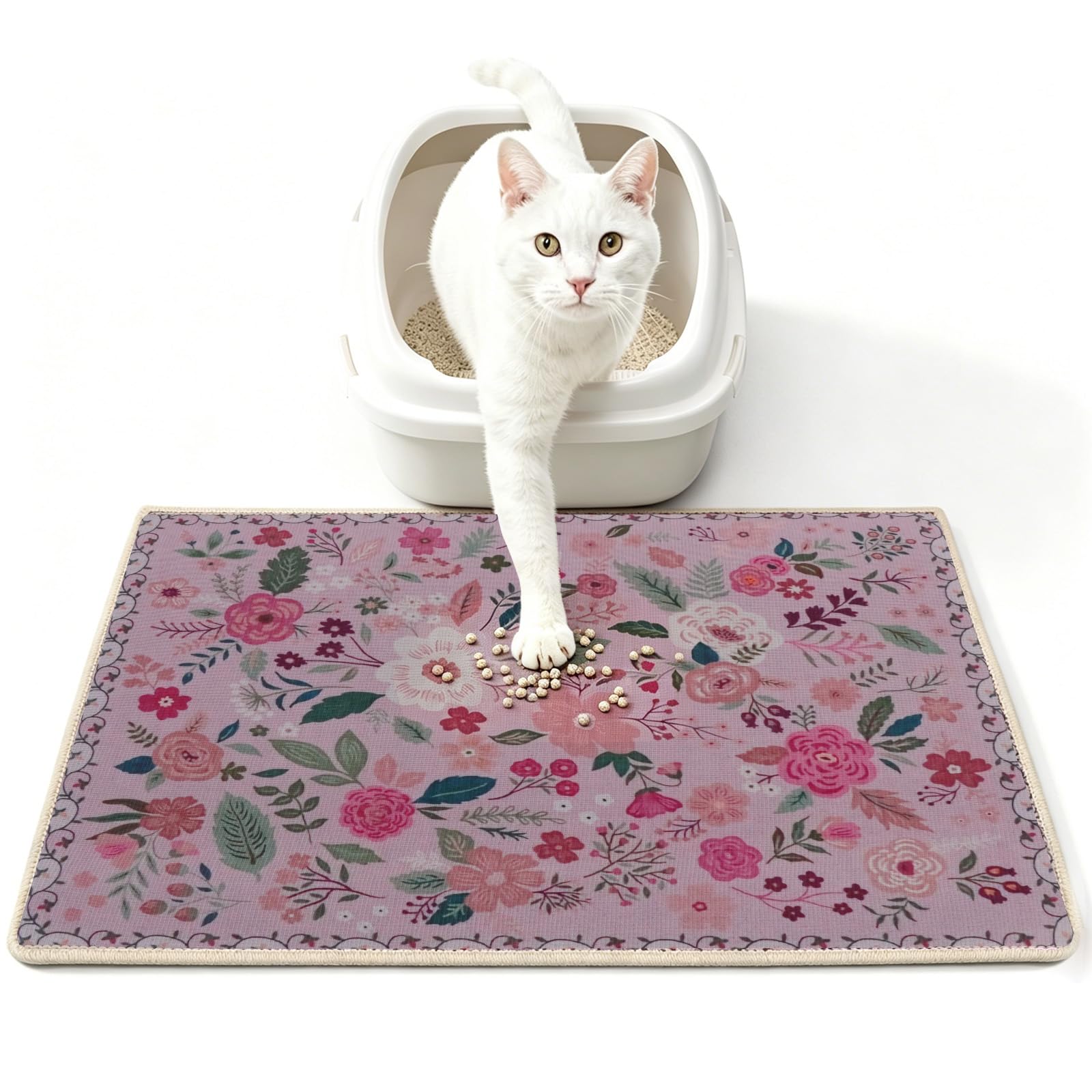 Aovanta Cat Litter Mat, 60 x 40 cm Large Kitty Litter Mats for Floor, Washable Non Slip Cat Litter Box Mats for Floor (Pink)