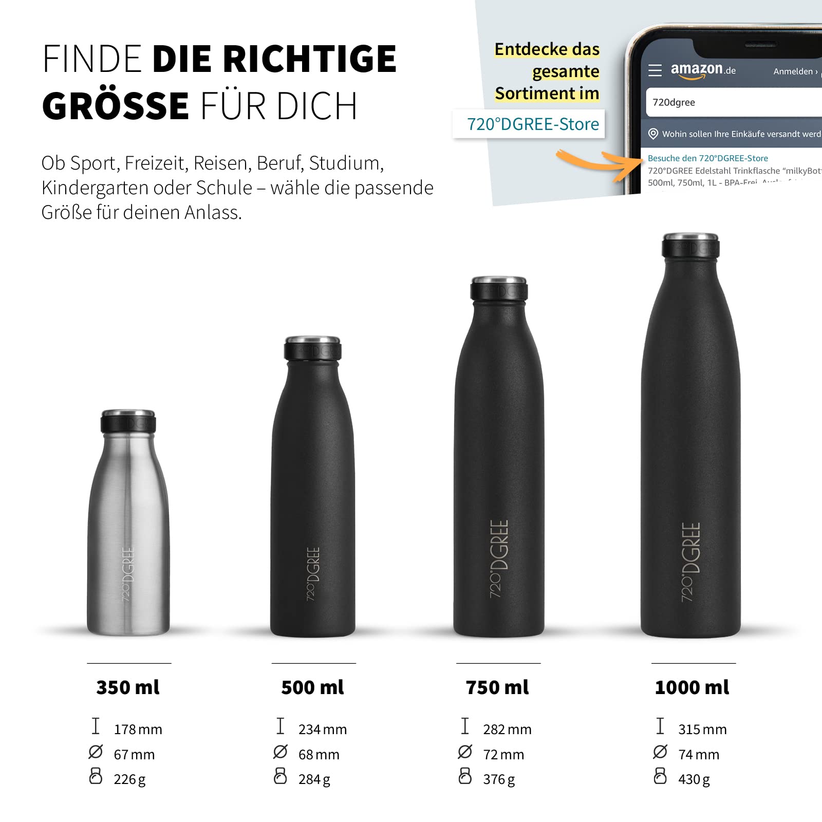 720°DGREE Edelstahl Trinkflasche “milkyBottle” - 1L - BPA-Frei, Auslaufsicher, Kohlensäure geeignet - Thermosflasche für Sprudel, Sport, Uni, Schule, Fitness, Outdoor, Camping - 4