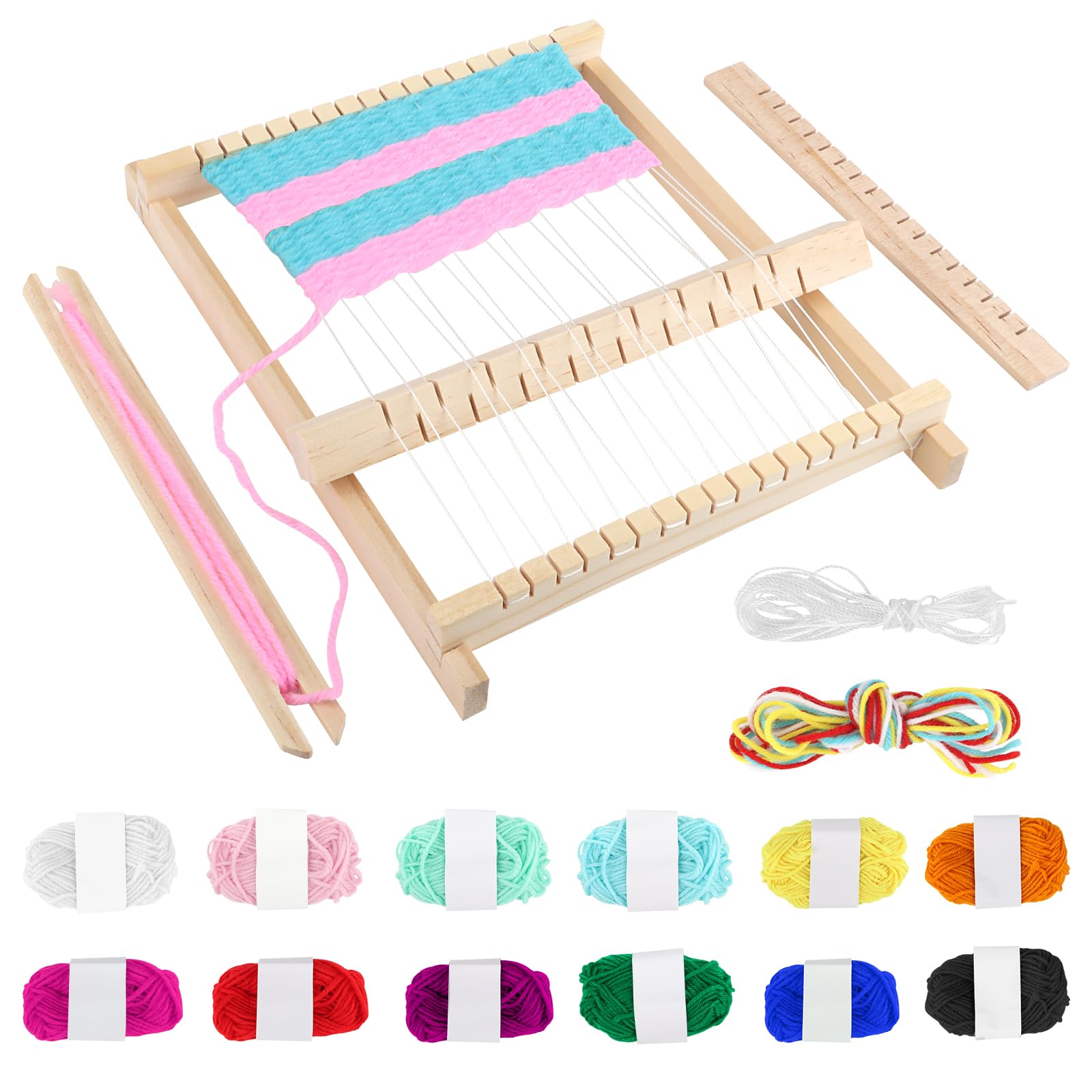 MXTIMWAN Métier à Tisser en Bois, Cadre à Tisser pour Enfants avec 12 Couleurs de Fil, Peigne à Tisser, DIY Machine Tisser à la Main pour Débutants, Étudiants, Activité Manuelle Enfant