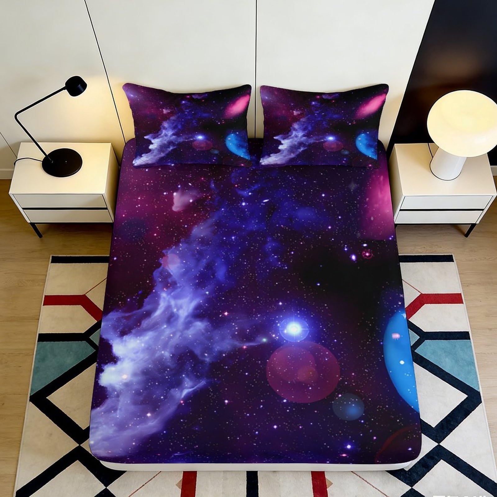 3D Printed Galaxy Starry Sky Fitted Sheet Microfiber Soft Decor Cosmic Nebula Mattress Cover for Bedroom Dorm 90x200x25cm