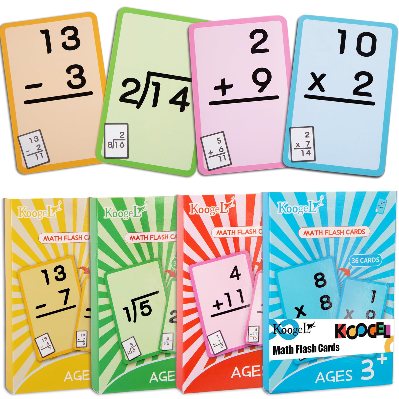 Koogel 144PCS Math Flash Cards, Addition Subtraction Division Multiplication Flash Cards Math Flashcards Set for Kids Ages 4-8 Class Homeschool Early Education