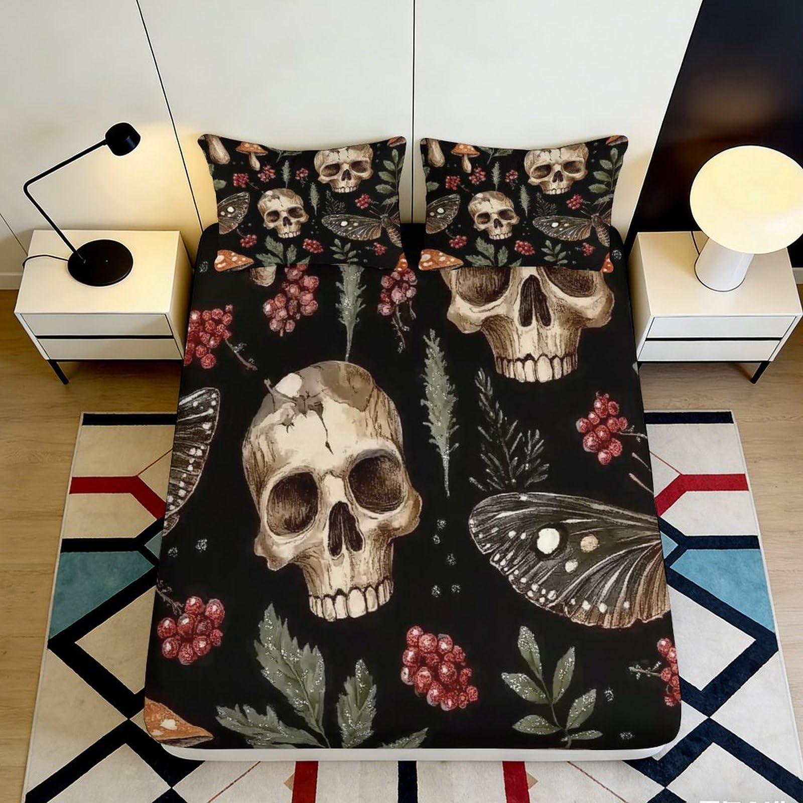 3D Printed Skull Botanical Fitted Sheet Microfiber Soft Breathable Gothic Moth Bed Cover for Bedroom Dorm Mattress Protection Decor 90x200x25cm