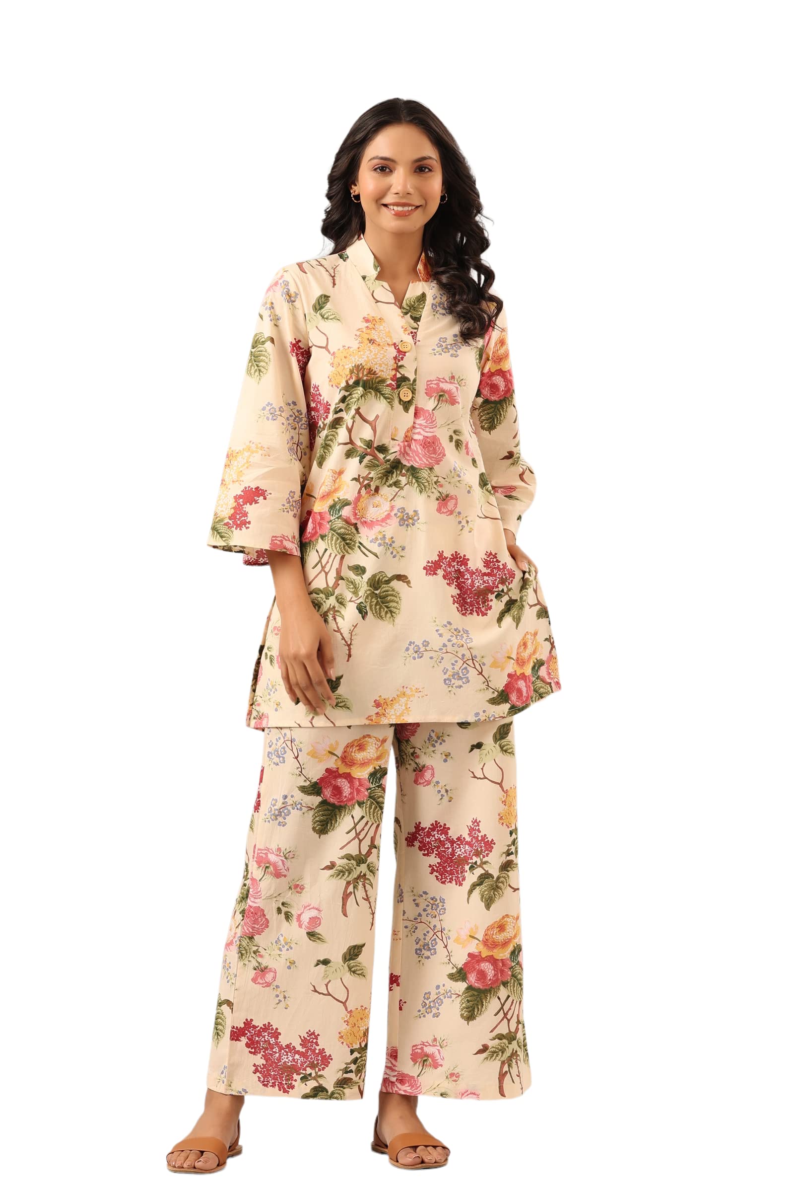 jisora Women's Organic Off White Printed Pure Cotton Pyjama Top Night Suit Set-picture-56