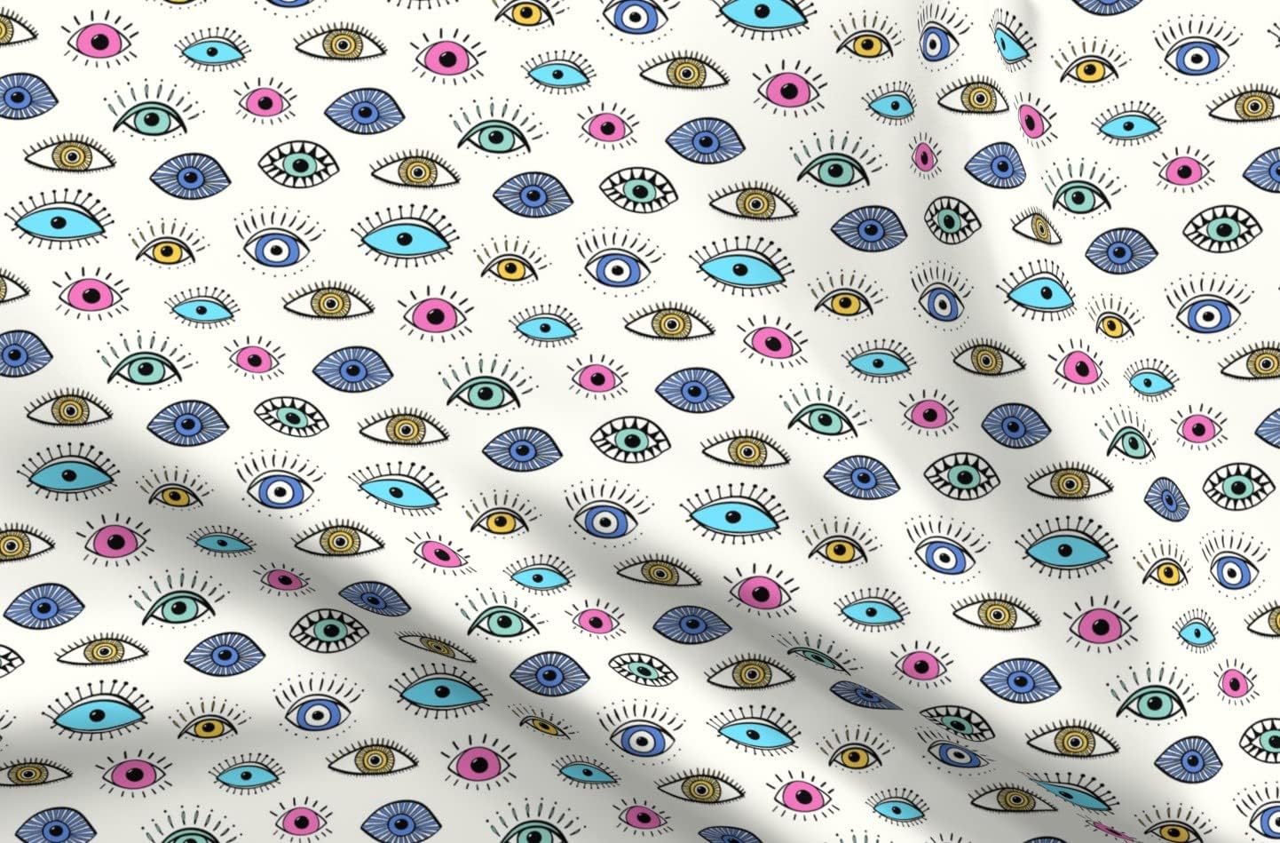 Spoonflower Fabric - Evil Eye Charm Illustrated Eyes Colorful Doodles Lucky Symbols Nazar Printed on Petal Signature Cotton Fabric Fat Quarter - Sewing Quilting Apparel Crafts Decor