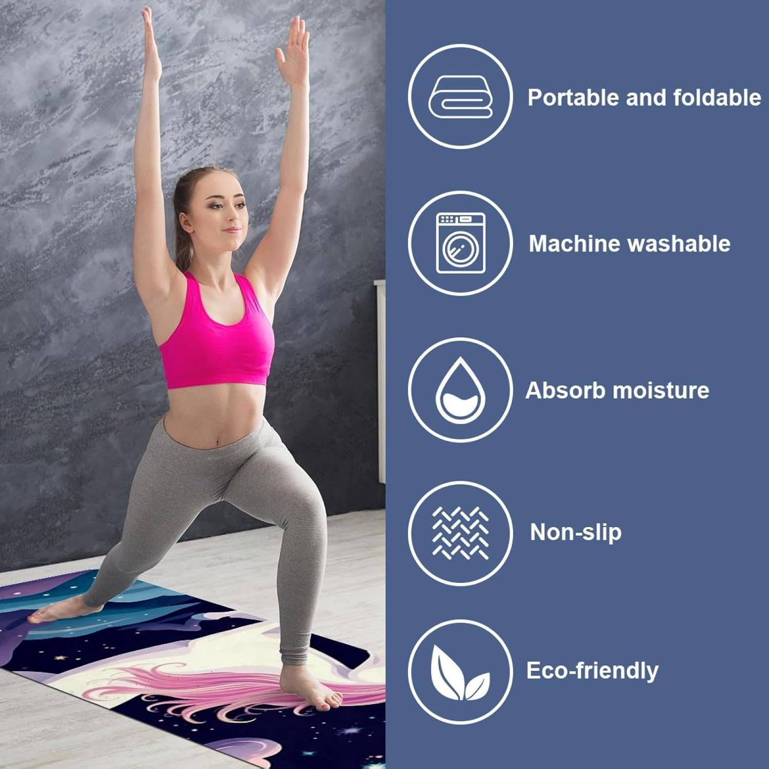 Yoga Towel, Galaxy Unicorn Pattern Non Slip Sweat Absorbent Hot Yoga Mat Towel for Hot Yoga, Pilates and Fitness - 72.8" x 26.8"