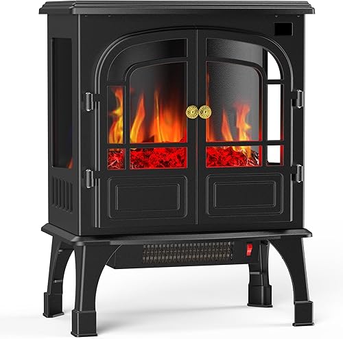 Sweetcrispy Calentador eléctrico independiente, chimenea de dos puertas de 26 pulgadas con efecto de llama 3D, diseño seguro para
