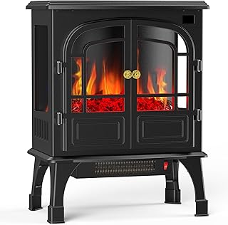 Sweetcrispy Freestanding Electric Fireplace Heater, 26”Two Door Fireplace with 3D Flame Effect, Overheating Safe Design, Energy Saving Space Heater with 12H Timer&Remote for Living Room, Bedroom,Black