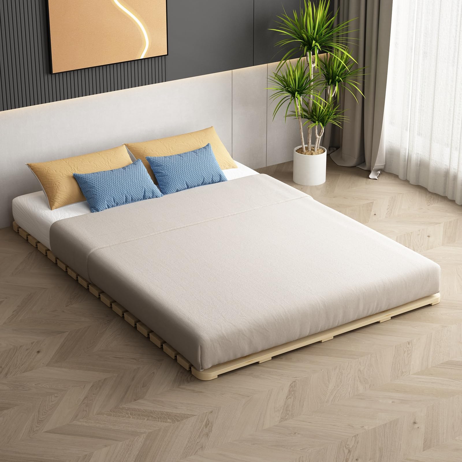 Breathable Moisture-Proof Bed Plate, Guest Tatami Mat,Wood Roll-Type Slatted Bed Japanese Floor Futon Mattress, Floor Sleep Bedding (Queen)