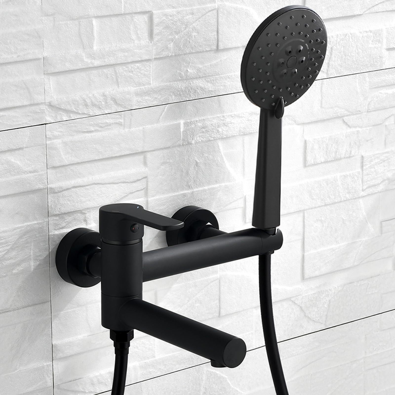 JYBNBBE Bath Mixer Taps with Shower Black Wall Mounted Tap Brass 90 Swivel Spout Bathroom Hot Cold Water Tap Mixer Shower Single Handle Faucet (Black A)