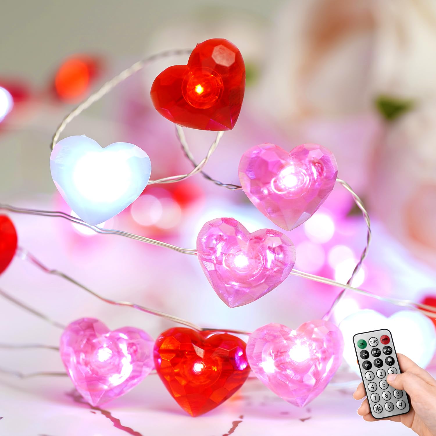 Libreath Valentines Day Decor 10 ft 40 LEDs Red White Pink Heart String Lights Battery Operated Garland Valentines Day Lights with Timer Valentine's Day Decorations for The Home Indoor Mother's Day
