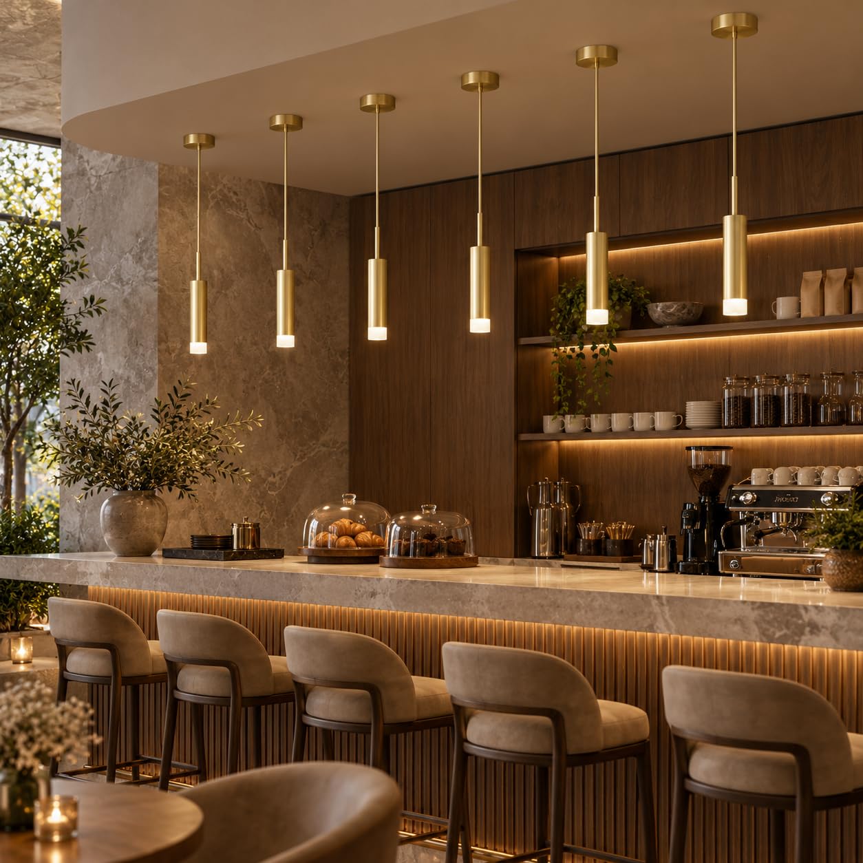 KCO Lighting Lampada a Sospensione Moderna a LED con Cilindro Dorato, Lampada a Sospensione a 3 Luci di Metà Secolo, Luci a Sospensione in Metallo Ottone Spazzolato per Isola Cucina