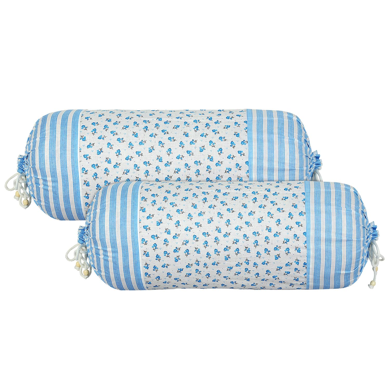 Kuber Industries Bolster Covers | Cotton Bolster Cover Set | Diwan Bolster Cover Set | Bolster Pillow Cover | Blue Flower Masand Cover | 16x32 Inch | Pack of 2 | White-image-47