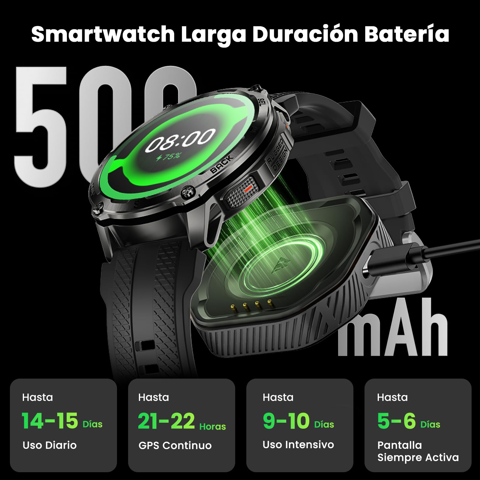 KOSPET Tank T4 Smartwatch con GPS, Acero Inoxidable, Mapas Offline, 10ATM Impermeable hasta 45 m, Batería de 50 Días, 180+ Modos Deportivos, Llamadas Bluetooth, Frecuencia Cardíaca y Sueño（Negro）