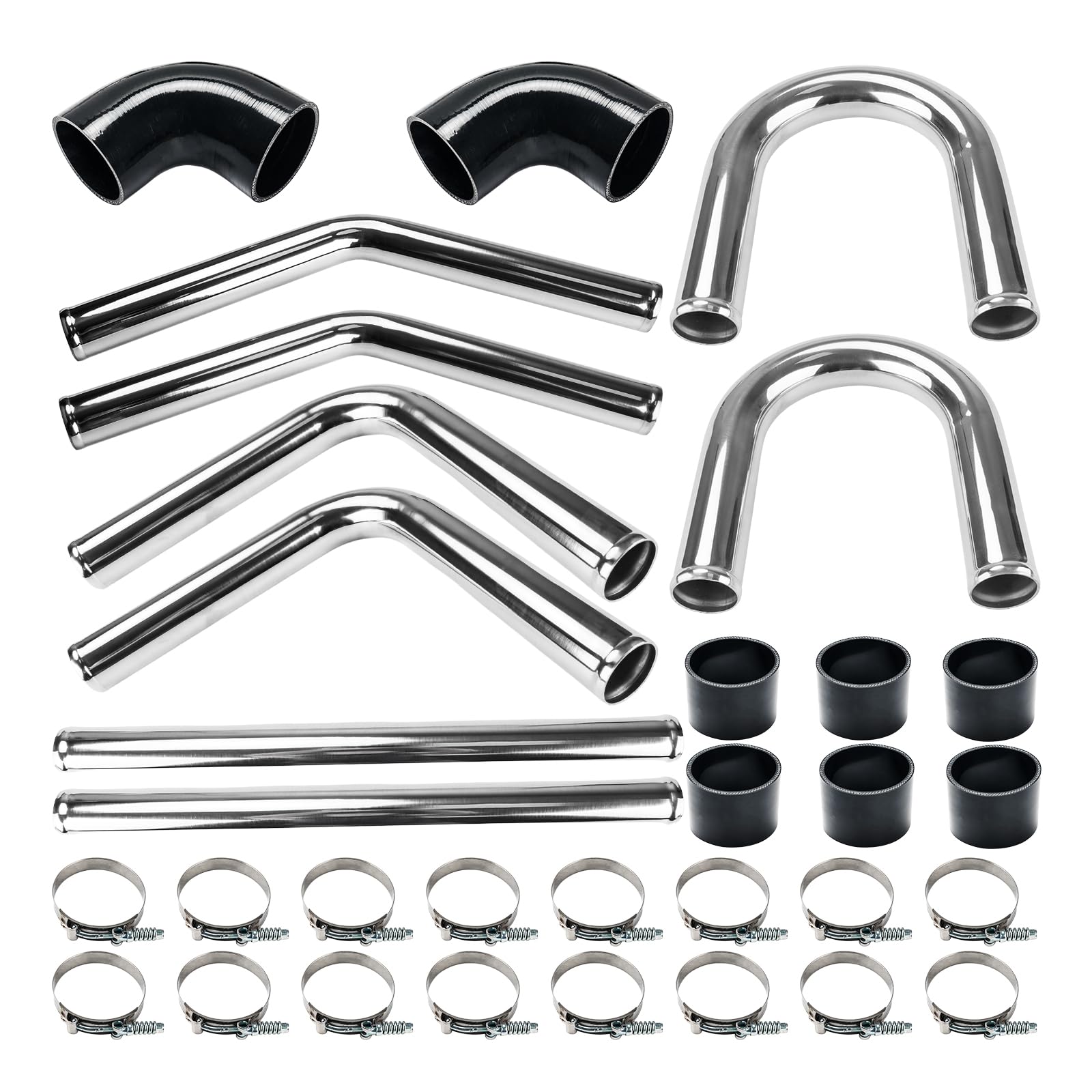 2" Intercooler Tube Kit, KAX Universal Aluminum Polished 1.8mm Silver+Black 32pcs Automotive Replacement Engine Turbocharger Piping Kits