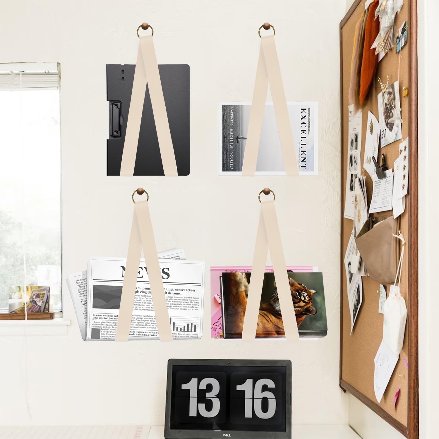 Revistero Archivador de Piel, Estante Colgante para Libros, Beige