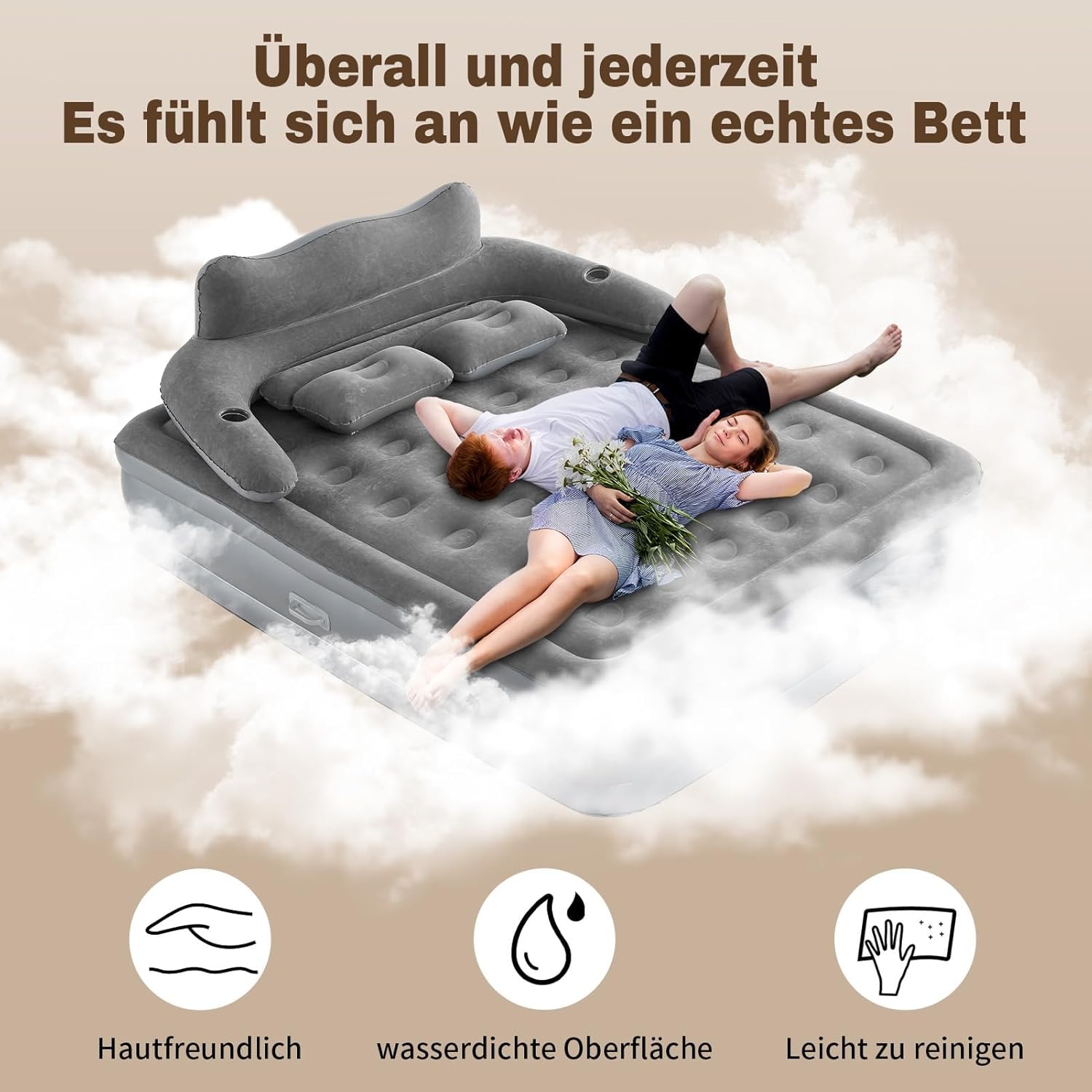 HAUSPROFI Luftbett 2 Personen, Luftmatratze Selbstaufblasend mit Integrierter Pumpe, Aufblasbare Matratze 195x150x40cm, Luftbett für Camping & Heimgebrauch, Gästebett, Rückenlehne Abnehmbare, 2 Kissen