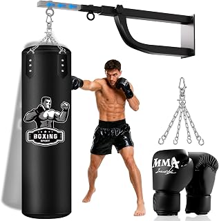 Hanging Punching Bag for Adults with Adjustable Wall Mount | Wall Punching Bag, Adjustable Length, 16OZ Boxing Gloves, Boxing Set for Home Gym Training Muay Thai MMA