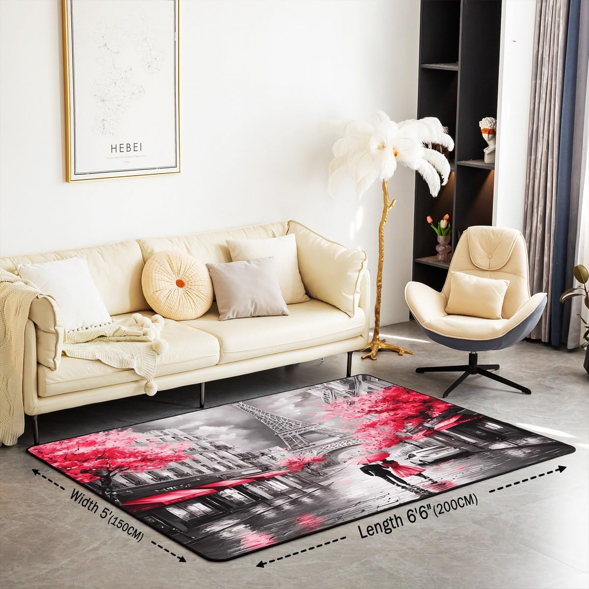 Erosebridal Eiffel Tower Area Rug 6'6" x 4'11" for Couple,Paris of France Carpet for Women Girls,Romantic City Indoor Floor Mat,Watercolor Oil Painting Paris Decorative Washable Rug,Red Valentine