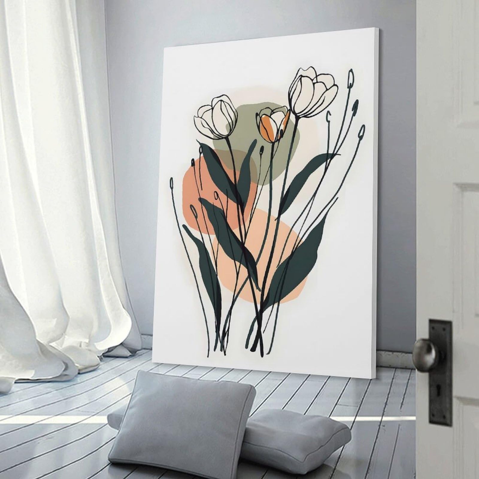 Junmoney Minimalist Floral Art with Tulips Wall Decor Canvas Print, 08x12inch(20x30cm), for Home Lounge, Bedroom Or Reading Nook, Decorative Artwork for Empty Walls
