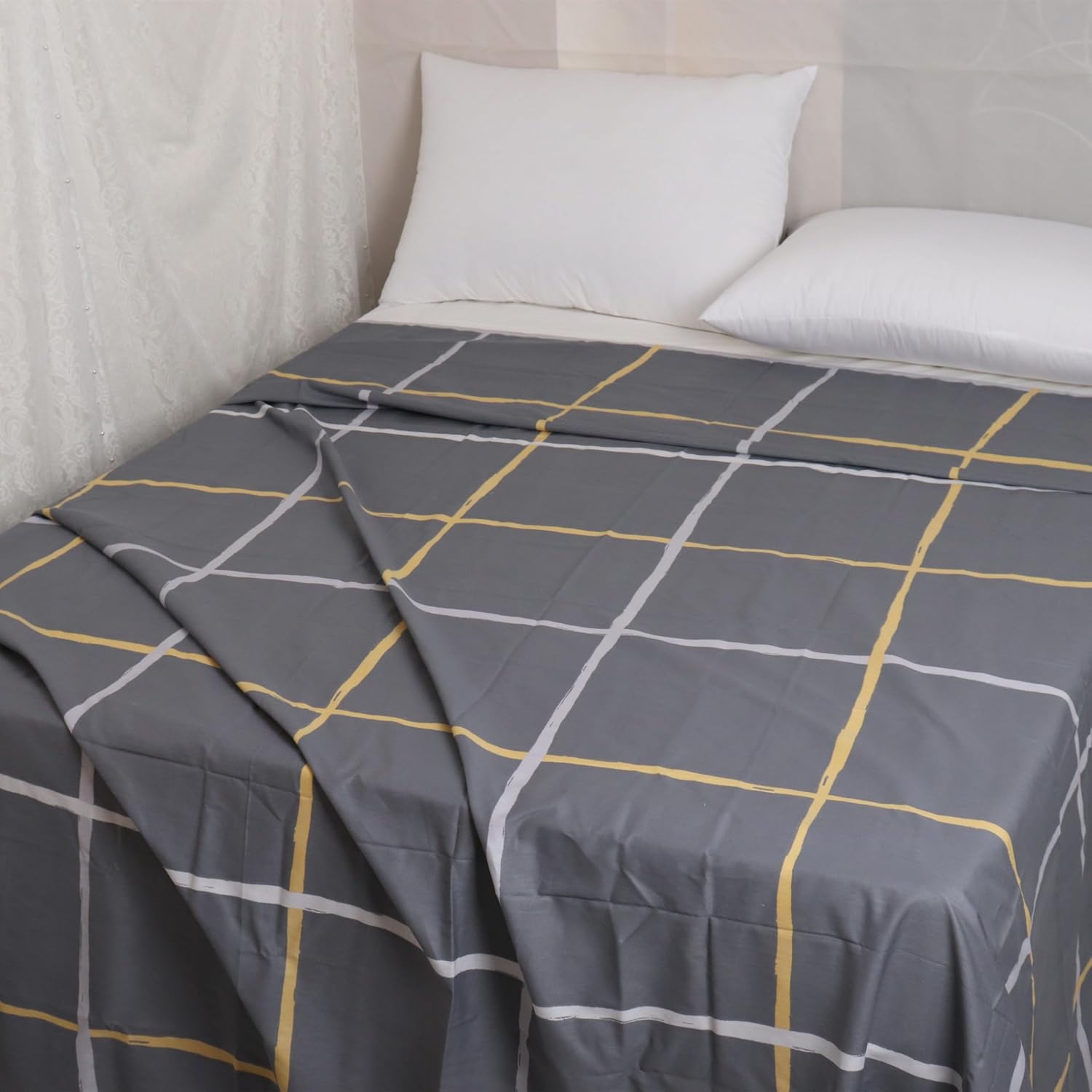Grey Flat Sheets Queen Size 100 Percent Cotton Checked Printed Top Sheets Ultra Soft Bed Sheets Machine Washable