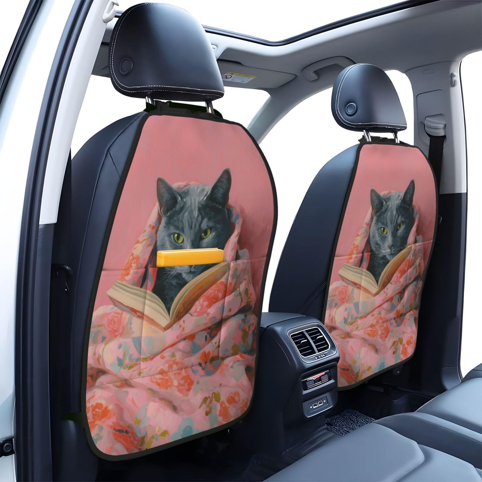 Russian Blue Cat Reading A Book Car Seat Back Kick Protectors,2 Pack Kick Mats with Storage Pockets for Vehicles to Protect from Dirt Mud Scratches
