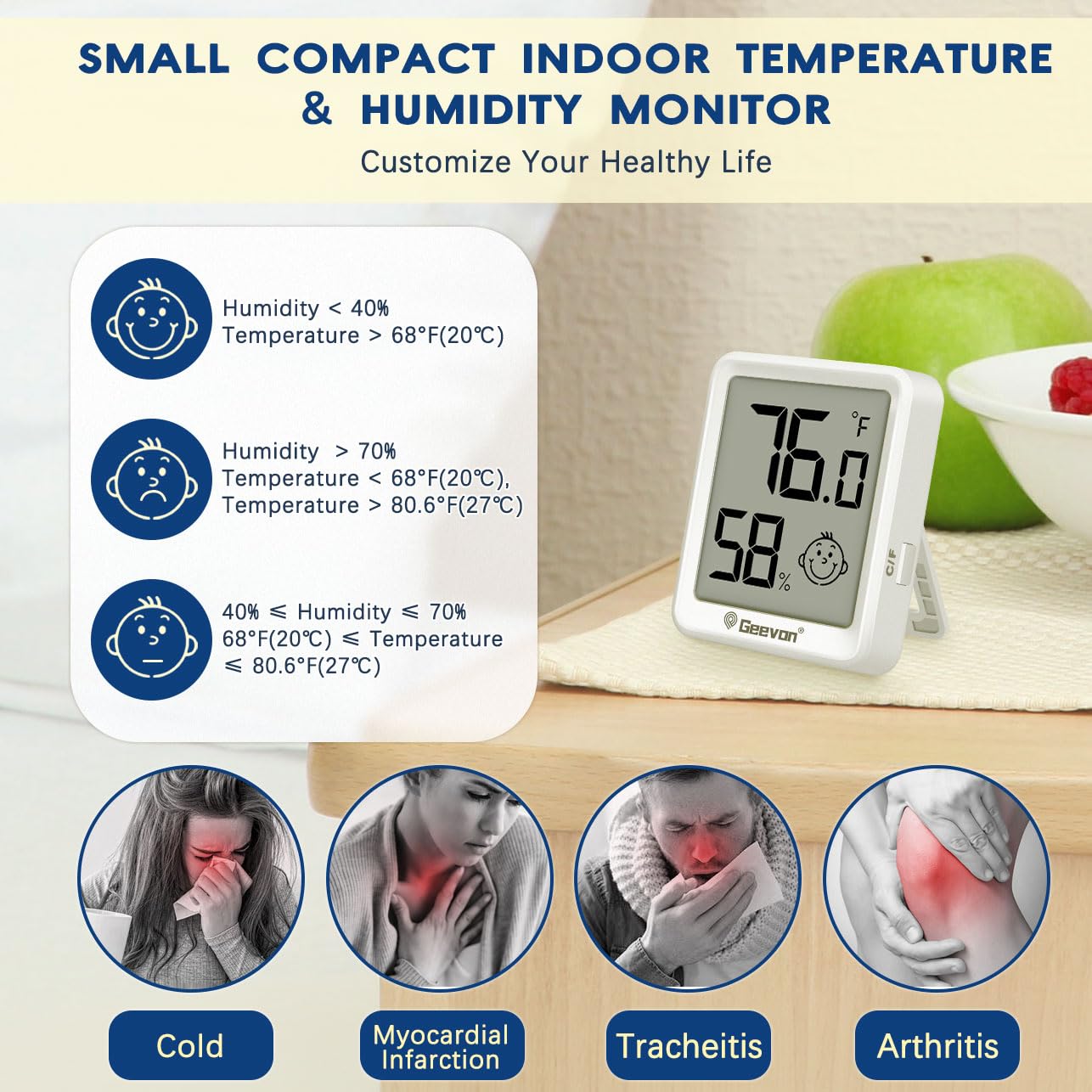 Geevon Termómetro e higrómetro digital inalámbrico para interiores, paquete de 6, con índice de comodidad, pantalla grande de 1.9 pulgadas, conmutación °C/°F, montaje magnético, colgar en la pared, de