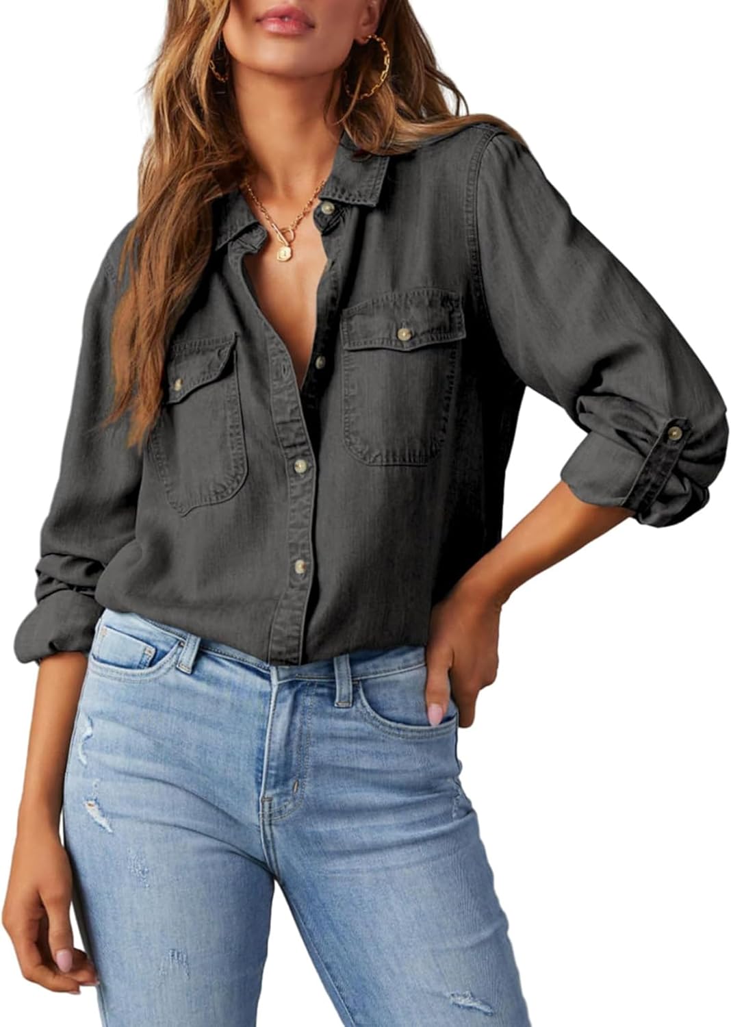 Women Button Down Chambray Denim Shirt Collared Long Sleeve Blouse Business Casual Tops with Pockets
