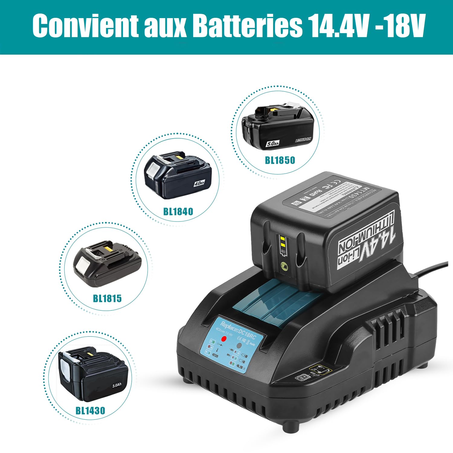 Energup 14,4V-18V 3A Chargeur de Rechange pour Makita Chargeur 18V DC18RC DC18RD pour Makita Batterie 18V BL1850 BL1840 BL1830 BL1430 BL1415