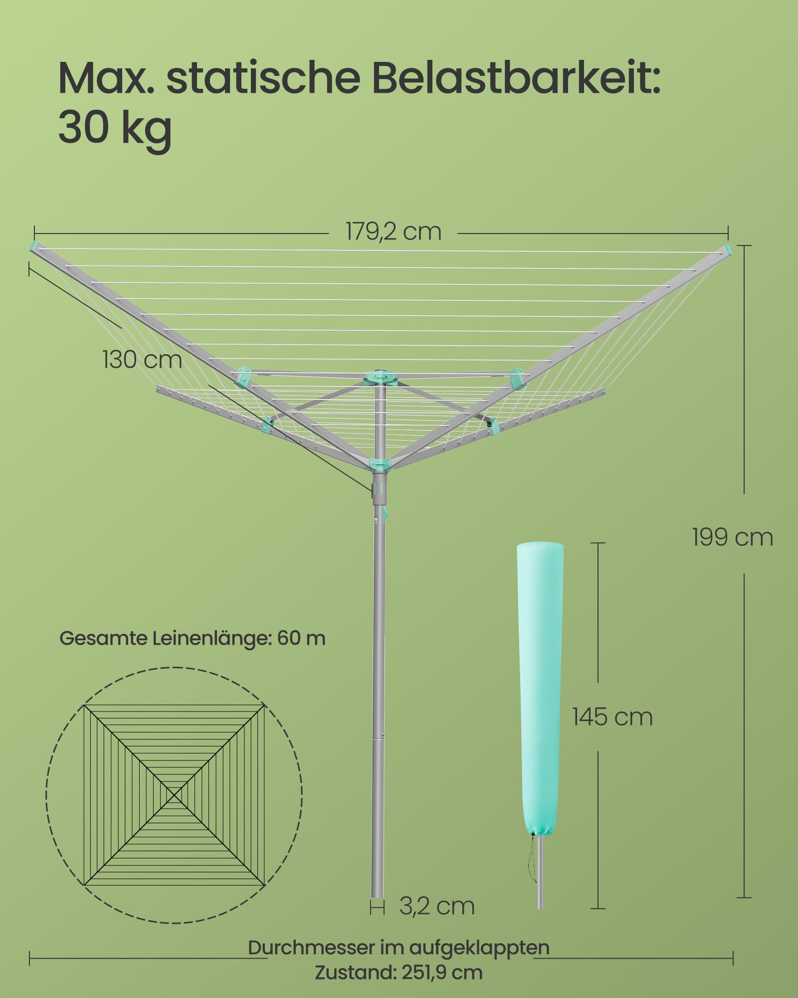 SONGMICS Wäschespinne drehbar klappbar 60 m Wäscheleine für 6 Waschladungen silbern