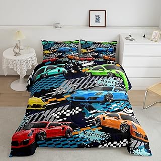 Manfei Kids Racing Car Comforter Set Twin Size, Coloful Sports Car Bedding Set 2pcs for Boys Girls Teen Bedroom Decor, Extreme Sports Theme Quilt Set Race Cars Duvet Set with 1 Pillowcase