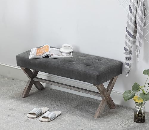 Miniatura 4 de chairus Asiento de banco de entrada tapizado de tela, asiento de banco de dormitorio de 36 pulgadas con patas de madera en forma de X para sala de