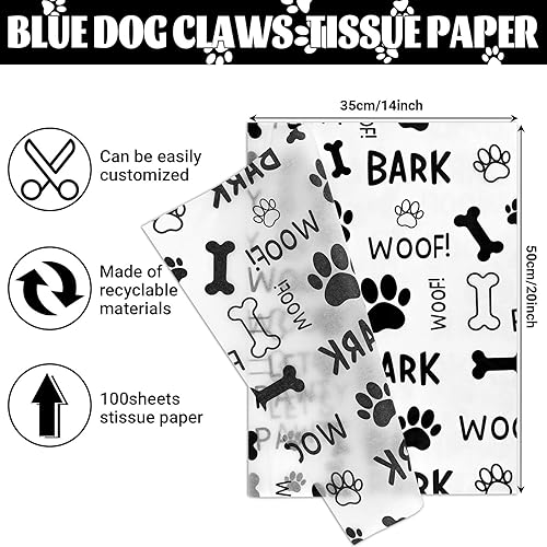 Miniatura 2 de 100 hojas de papel de seda de 20 x 14 pulgadas, papel de seda con estampado de patas de perro, papel de seda con patrón de ladridos Let's Pawty Woof