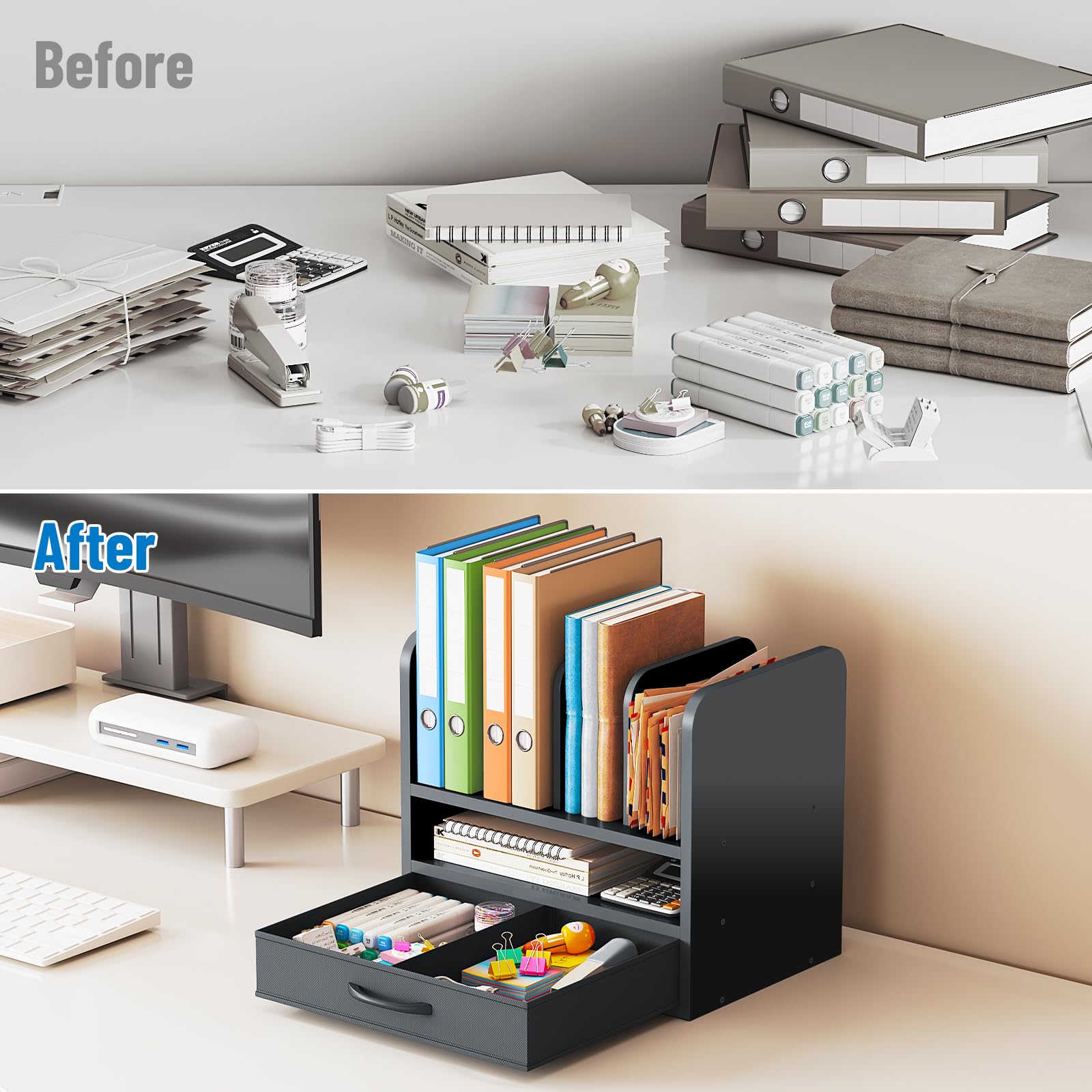 Organizer da scrivania per casa, ufficio, scuola, soluzione di archiviazione da scrivania con cornice in legno per forniture per ufficio, documenti, documenti, cartelle e cancelleria