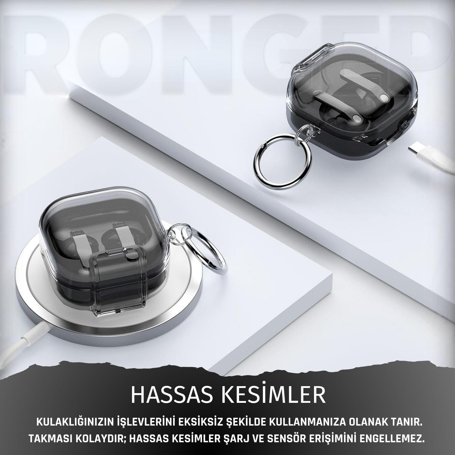 Rongep Samsung Galaxy Buds4 Pro/Buds 4 için Kılıf [Güvenlik Kilit Tasarımlı] Transparent-Lock Kulaklık Kılıfı Sararmaya Dayanıklı Taşıma Askılı TPU Koruyucu Samsung Buds 4 Pro Kılıf (Şeffaf-Siyah)