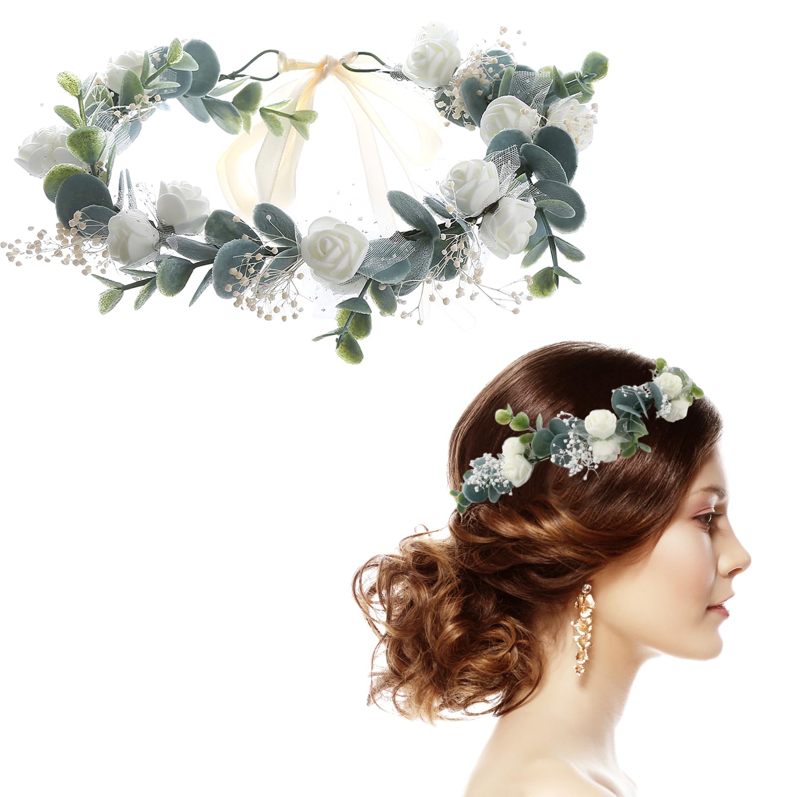 Diadema de Corona de Flores, Diadema Floral de Boda, Corona de Flores Nupciales, Cinta para el Cabello de Corona de Flores, Corona de Flores con Cinta para Niñas Mujer Bodas Fiestas Festivales